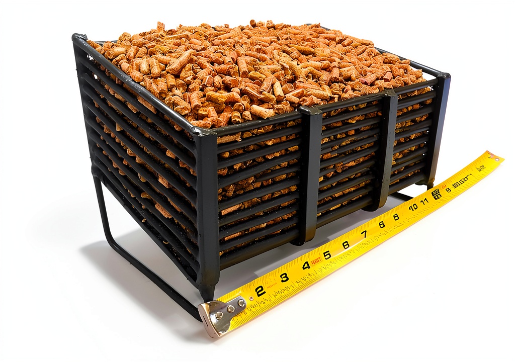 Metal pellet basket placed inside a wood stove with pellets