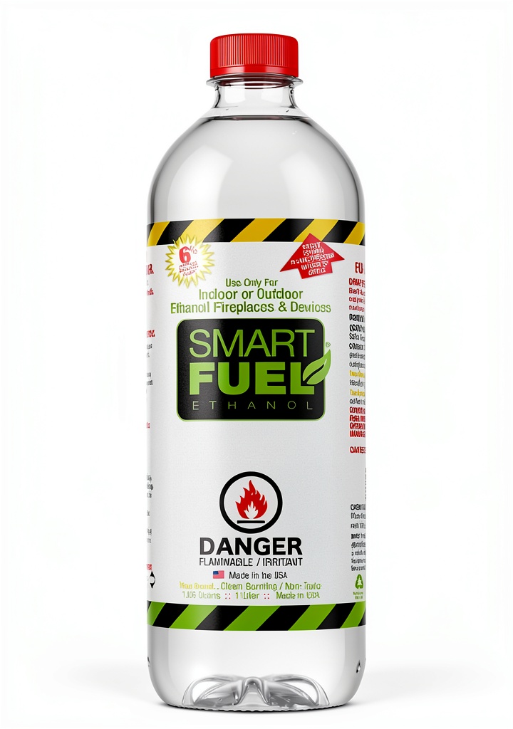 SMART FUEL bioethanol fuel bottles displayed on a tabletop fireplace