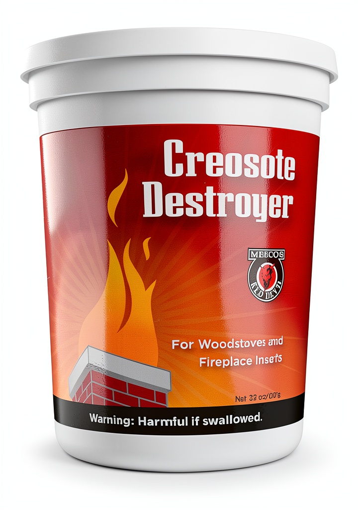 MEECO Red Devil Creosote Destroyer powder container on a fireplace hearth