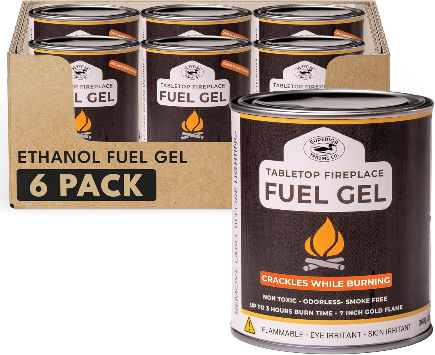 Superior Trading Co Gel Fuel Cans in a tabletop fireplace setting